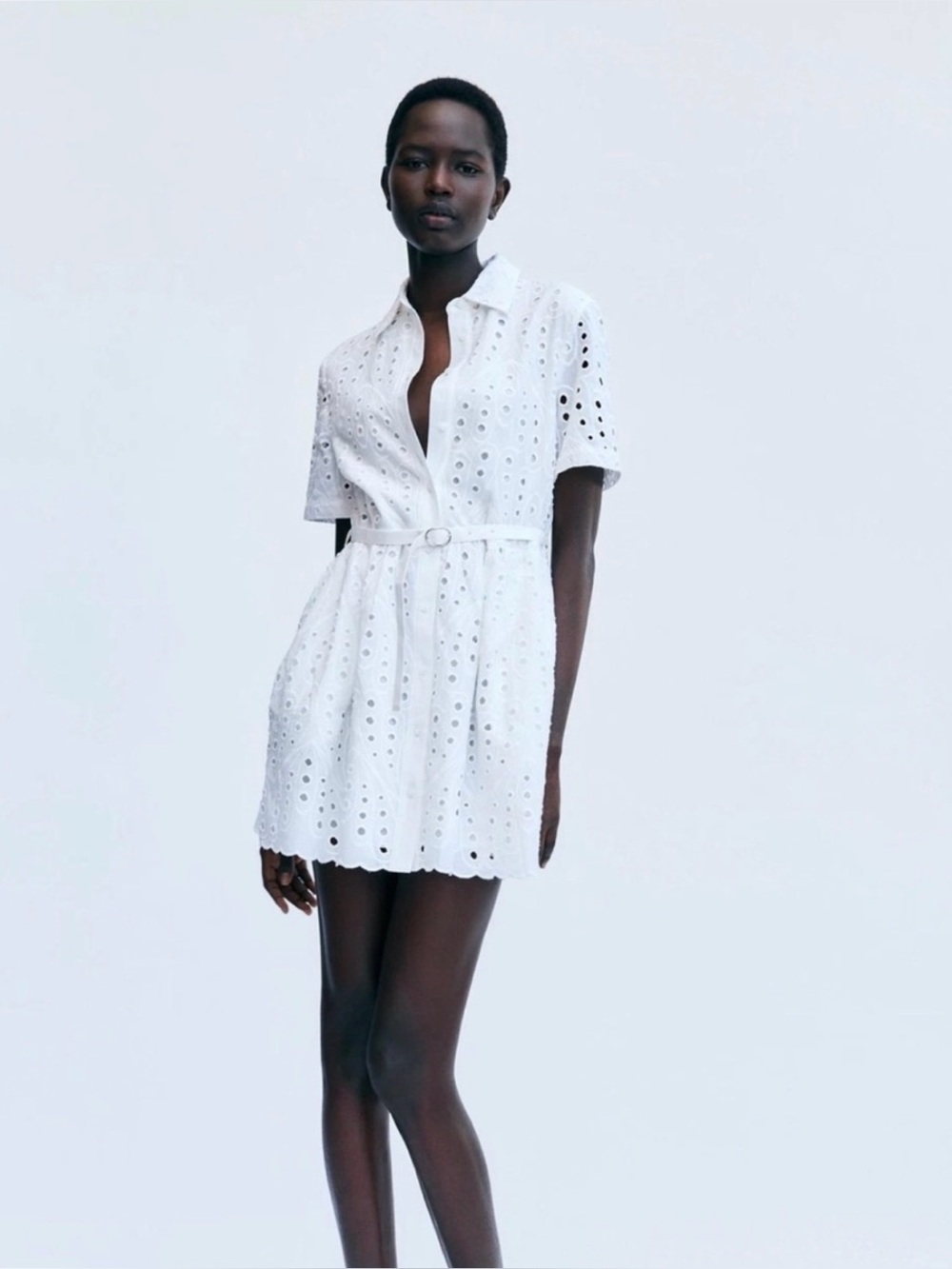 Zara White Eyelet Shirt Mini Dress with Belt